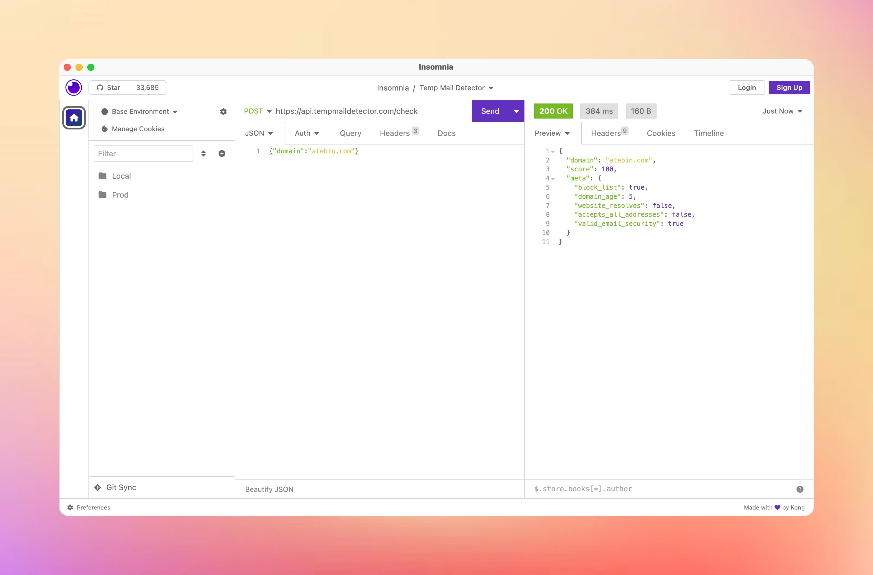 Temp Mail Detector API within the Insomnia API Console